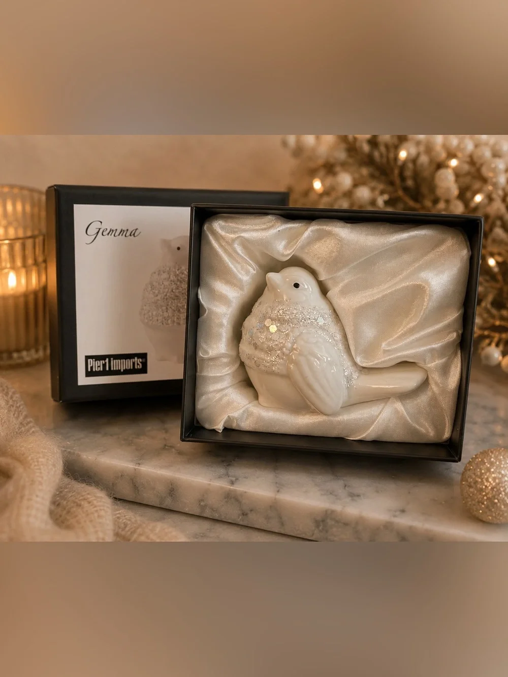 Pier 1 Imports Gemma White Porcelain Glitter Bird Figurine Holiday Decor NIB